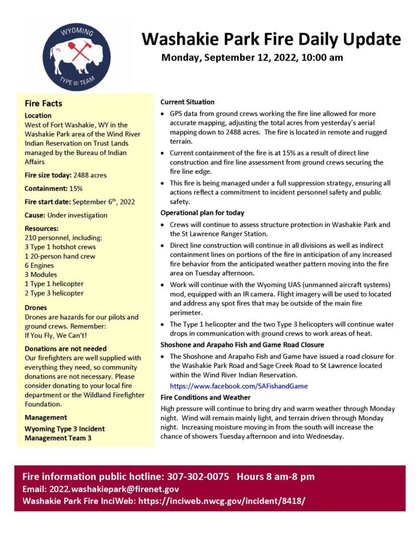 Washakie Park Fire Update Sept. 12, 2022 Eastern Shoshone