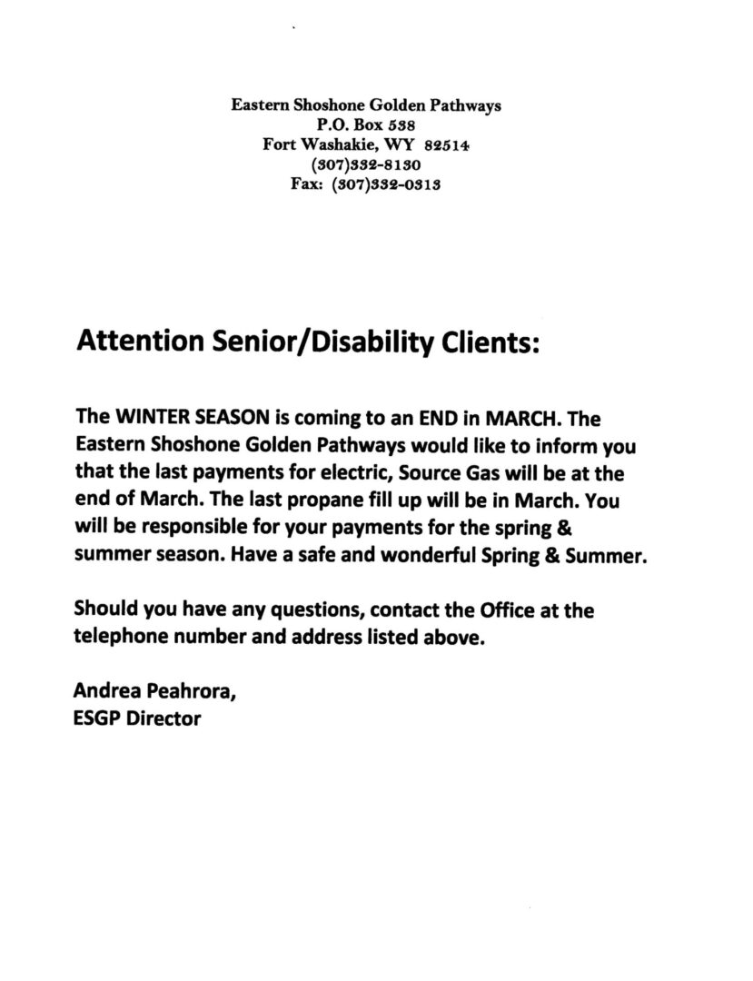 Golden Pathways End of Season Notice 3/9/23 Eastern Shoshone