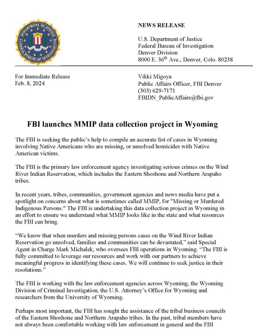 Fbi Launches Mmip Data Collection Project In Wy Eastern Shoshone